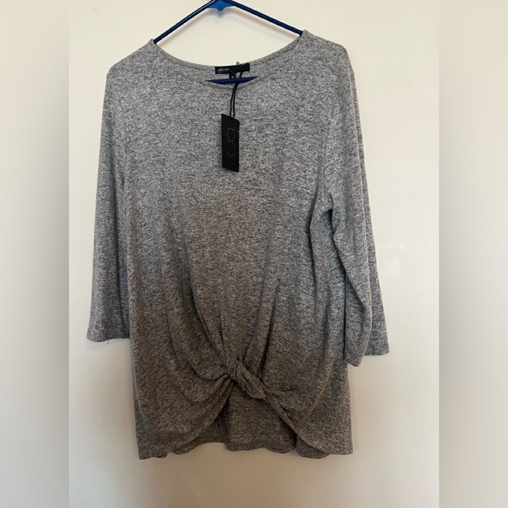 Gibson Gray Tie Front Long Sleeve Blouse